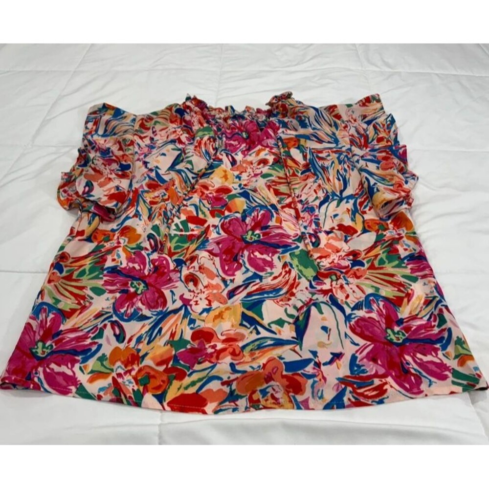 Ladies Medium Colorful Ruffle with Tie Neck Short Sleeve Blouse